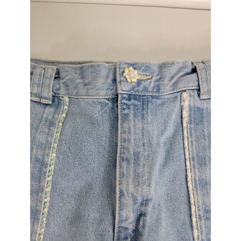 ZARA High Rise Jeans Sz 14 Tweed Trim Jewel Button Crop Wide Leg Light Wash Y2K - Picture 6 of 11